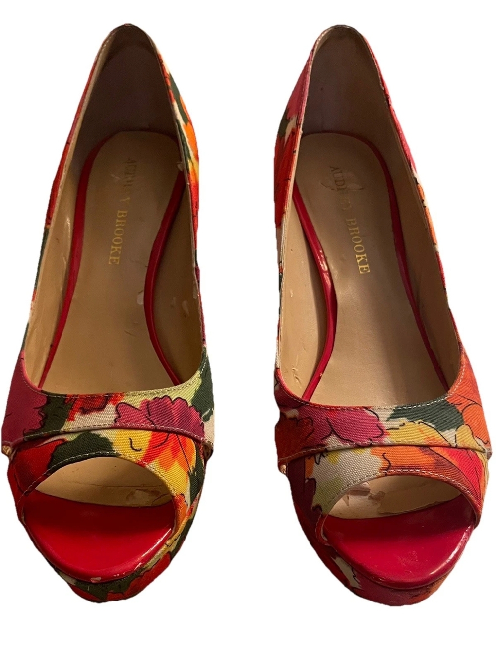 Audrey Brooke Floral Peep-Toe Platform Pumps in Red, Orange, Yellow, Green